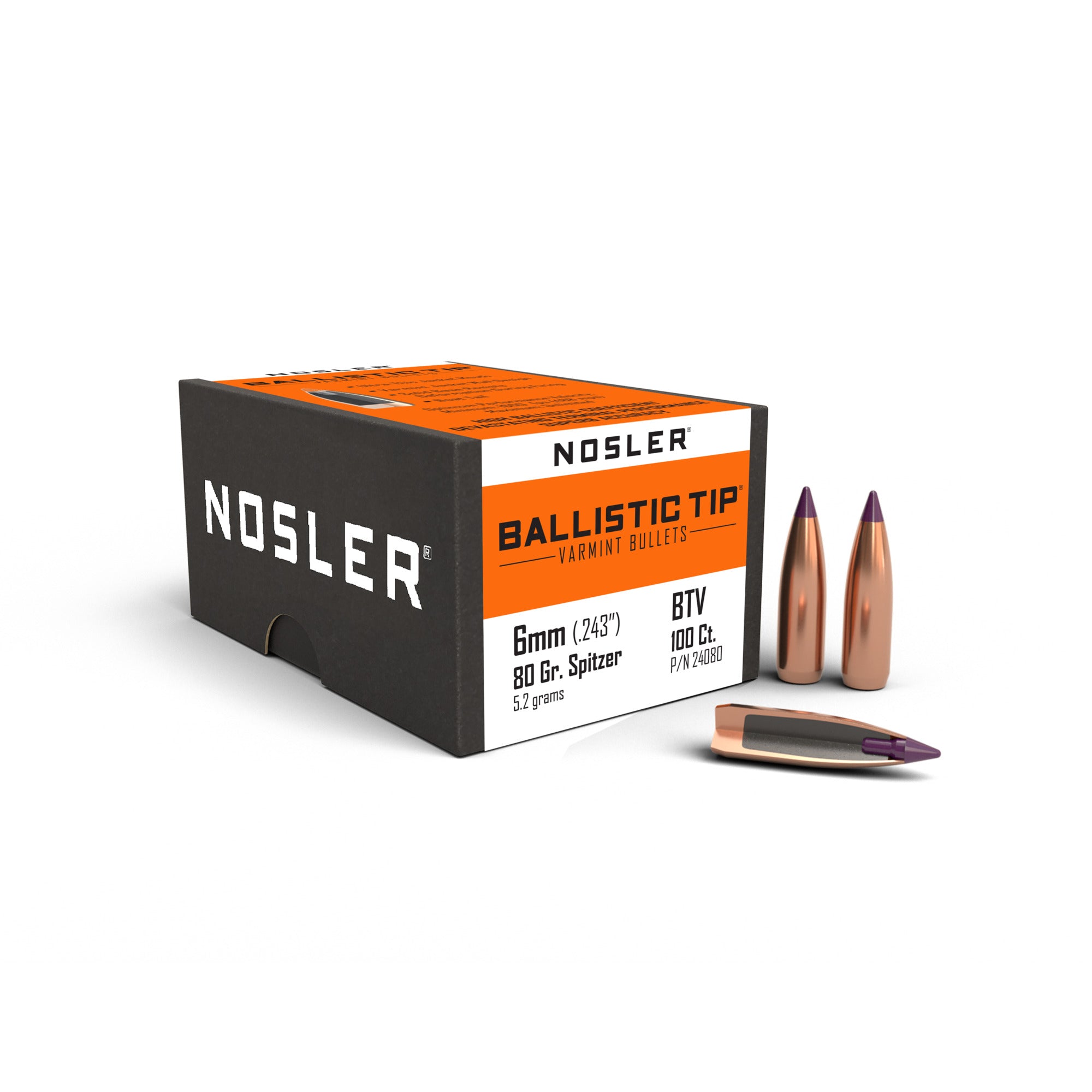 Nosler 24080 Rifle Bullets 6mm 80Gr Ballistic Tip Varmit Spitzer/Purple