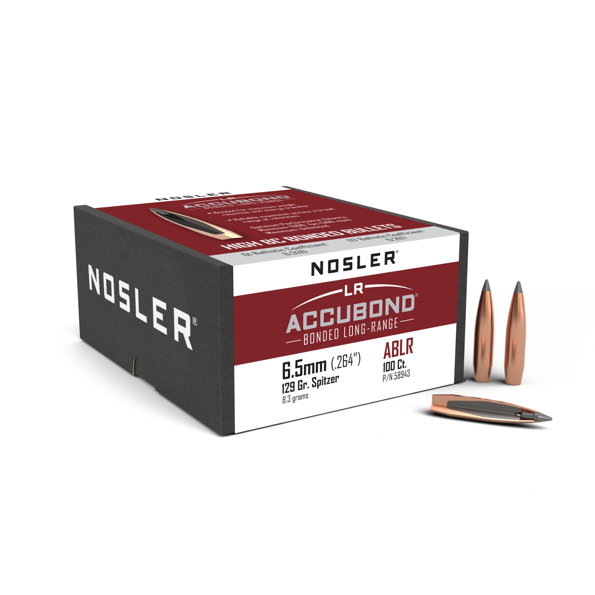 Nosler 58943 AccuBond Long Range 6.5mm .264 129 GR Spitzer Point 100 Box