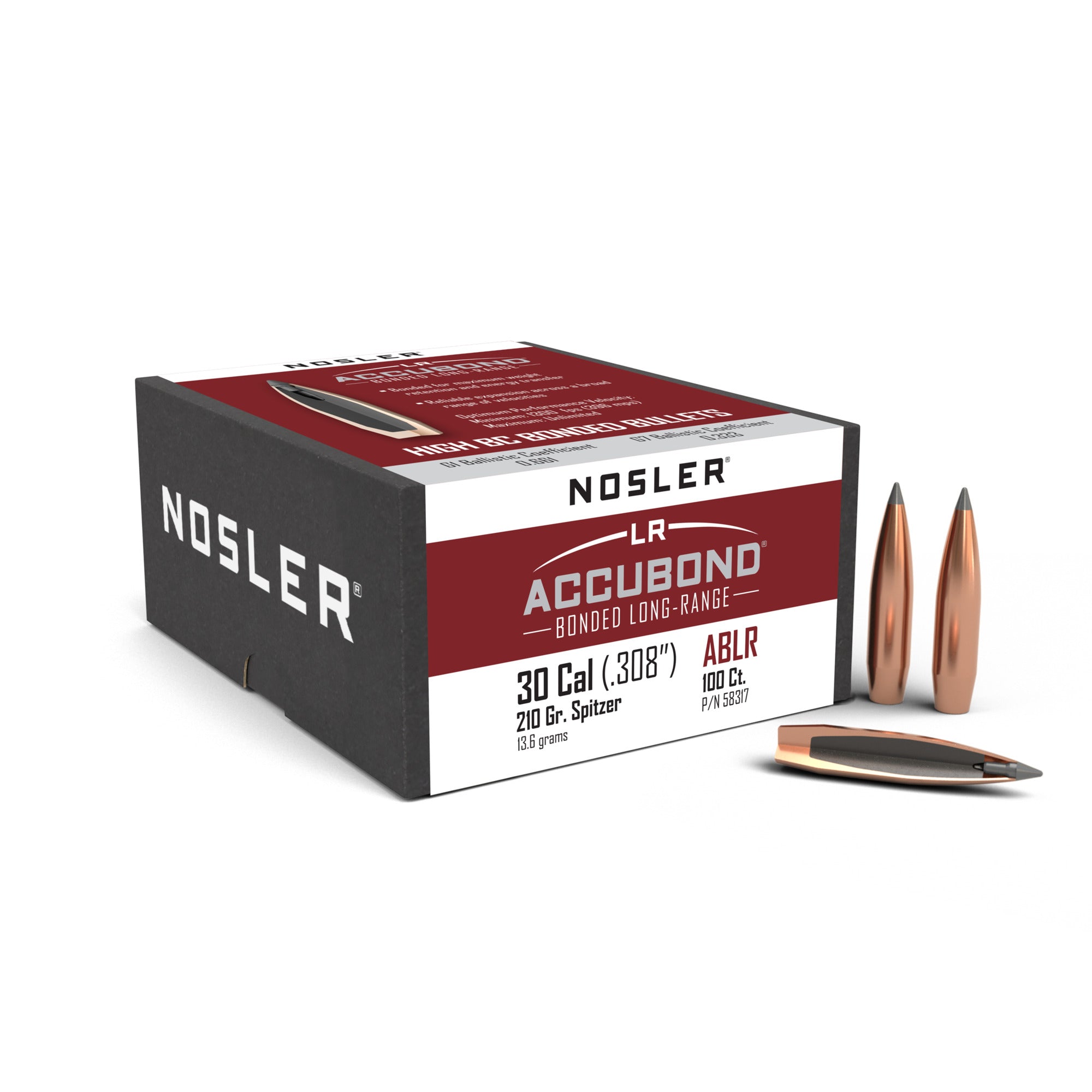 Nosler 58317 AccuBond Long Range 30 Caliber .308 210 GR Spitzer Point 100 Box