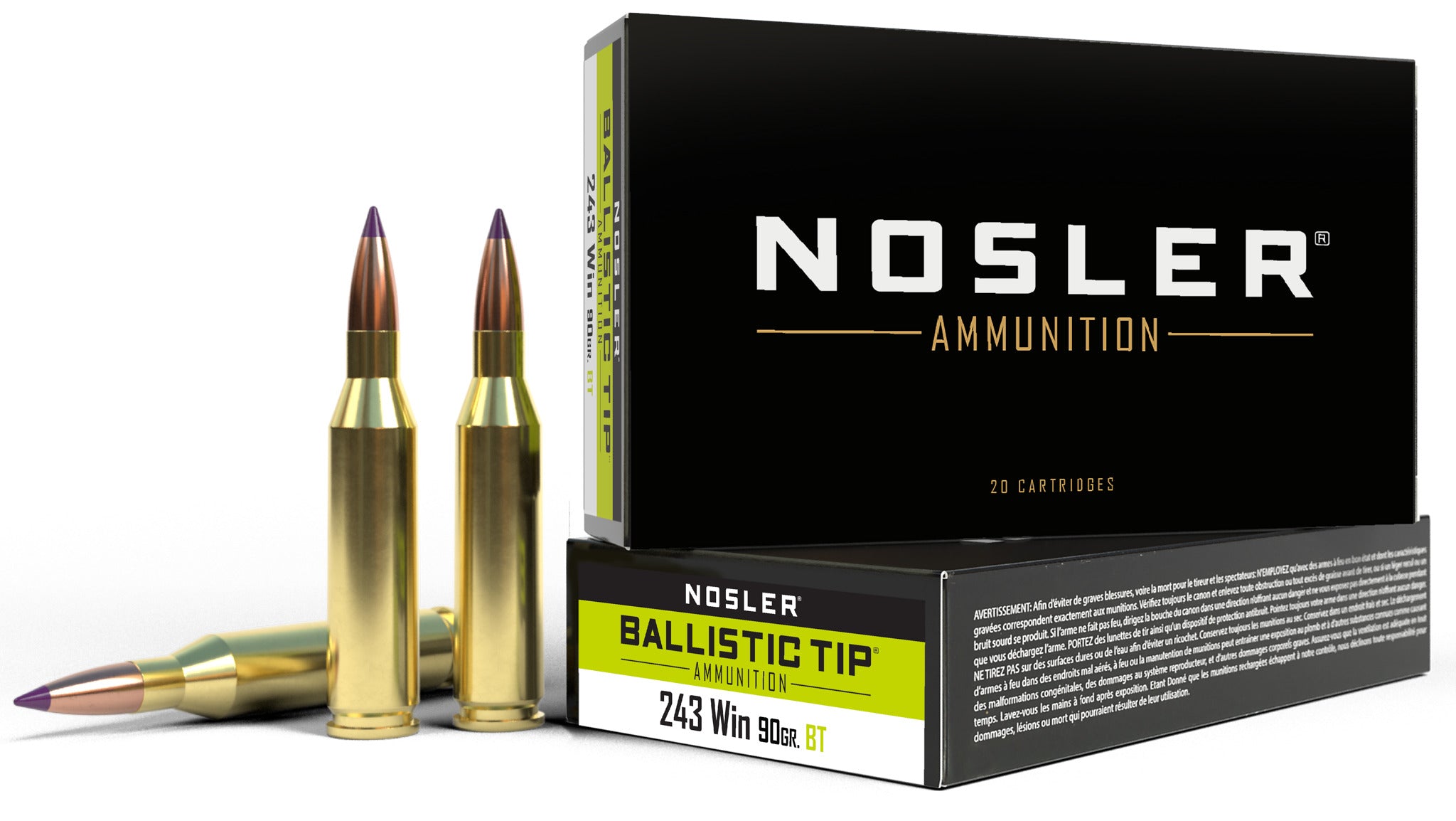 Nosler 40050 BT Ballistic Tip Rifle Ammo 243 WIN Hunting, 90 Grains, 3000 fps, 20/box
