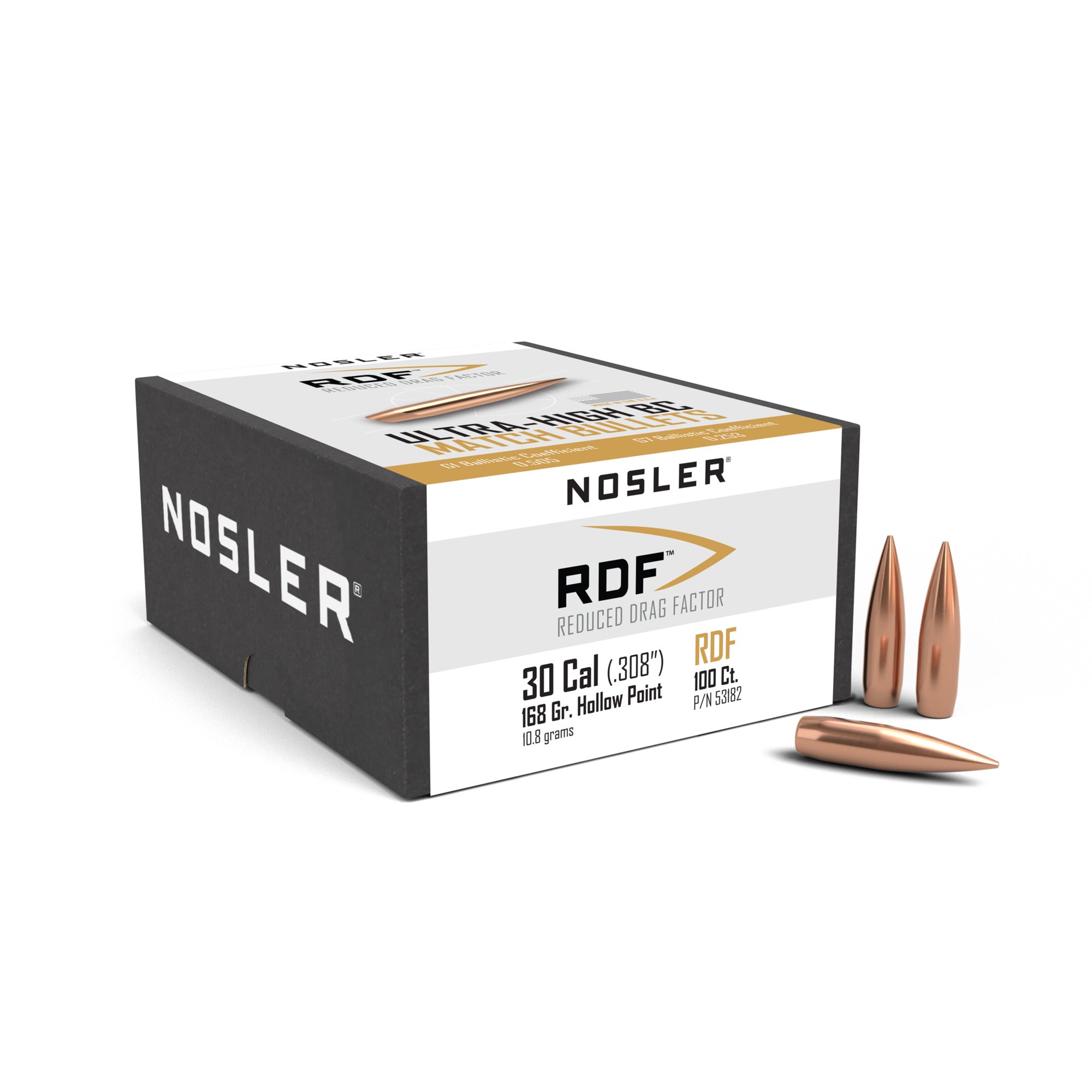Nosler 53182 RDF 30 Caliber .308 168 GR Hollow Point Boat Tail (HPBT) - 100 ct