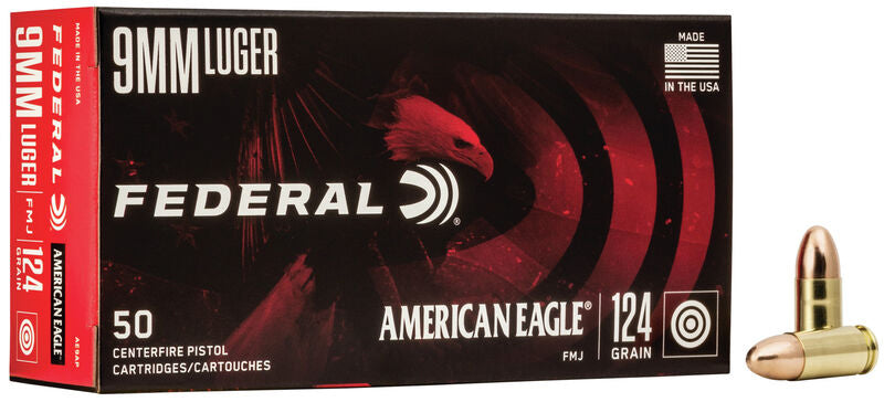 Federal AE9AP American Eagle Pistol Ammo 9mm Luger 124Gr 50Rnd FMJ