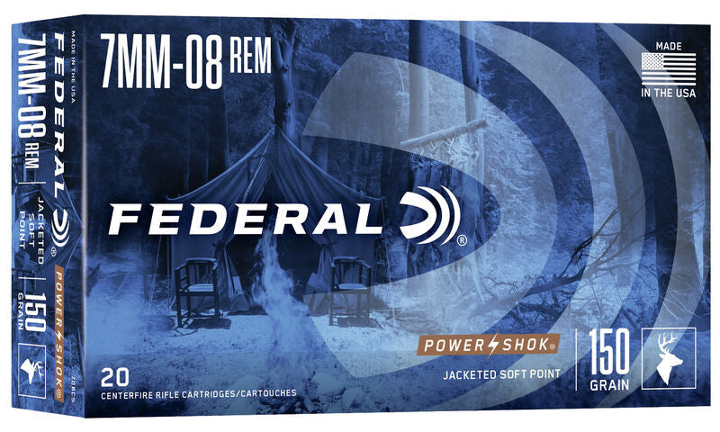 Federal Power-Shok Rifle, 7mm-08 Rem, 150 Grain, Jacketed Soft Point, 2650 fps - 20/box