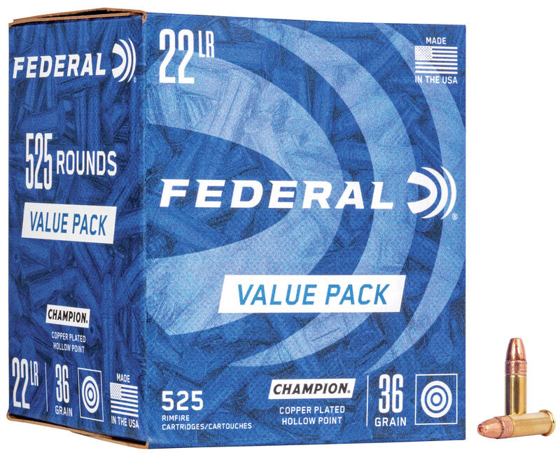 Federal 745 Champion Rimfire Rifle Ammo 22 LR, Copper Plated HP, 36 gr, 525 Pack