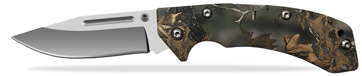 AccuSharp Folding Knives Lockback 3" Folding Plain Stainless Steel Blade Camo Handle 713C