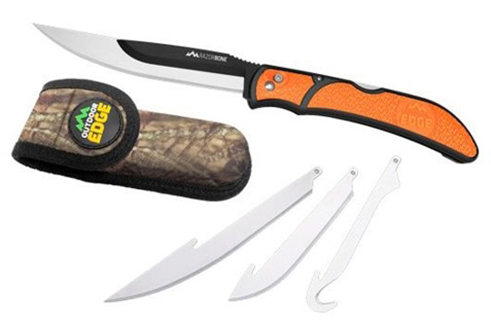 Outdoor Edge RazorBone Folding Blade Knife with 6 Blades and Camo Sheath - Orange