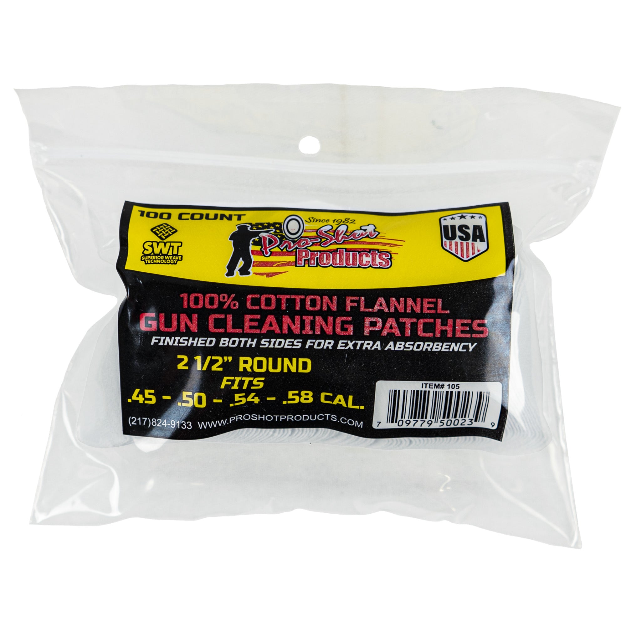 Pro-Shot 105 Cleaning Patches, 45-.58, Black Powder, Cotton Flannel Double Napped, 100 Ct.