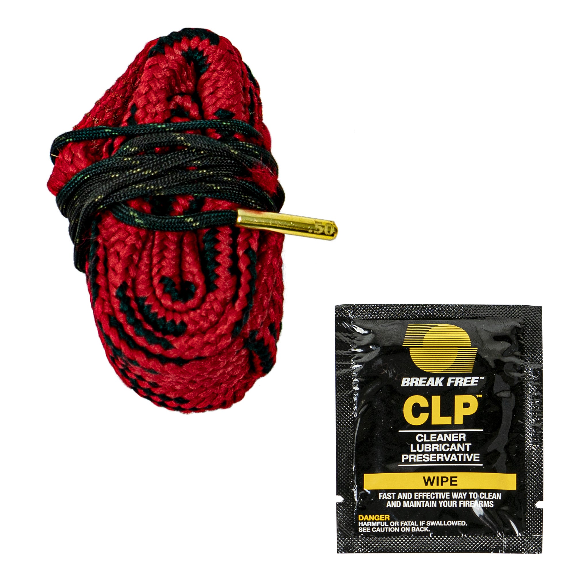 KleenBore .50 Cal. Pull Through Rope Cleaner w/BreakFree CLP wipe.