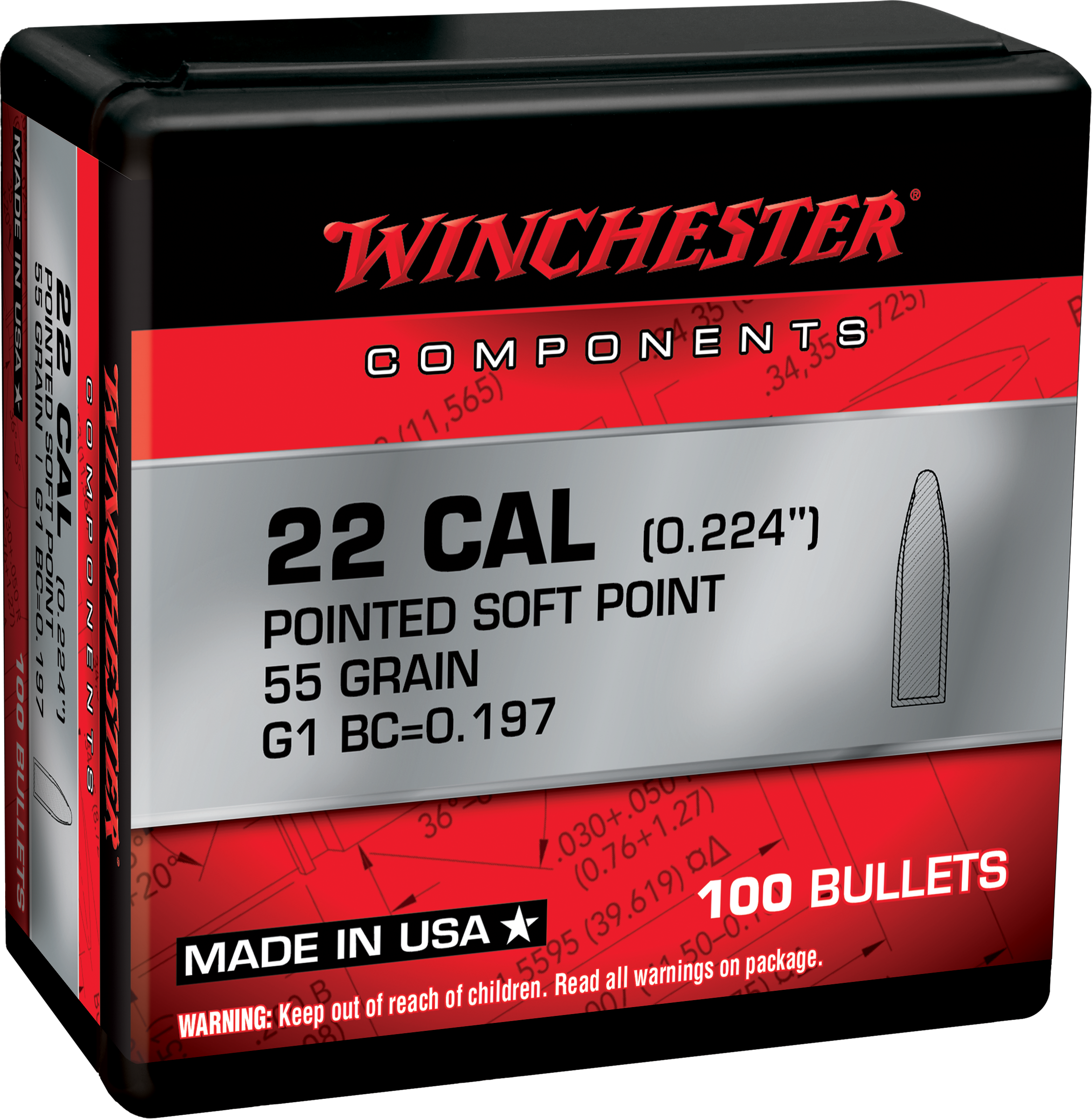 Winchester .223 Remington .224 55gr Pointed Soft Point Bullets - 100 Count