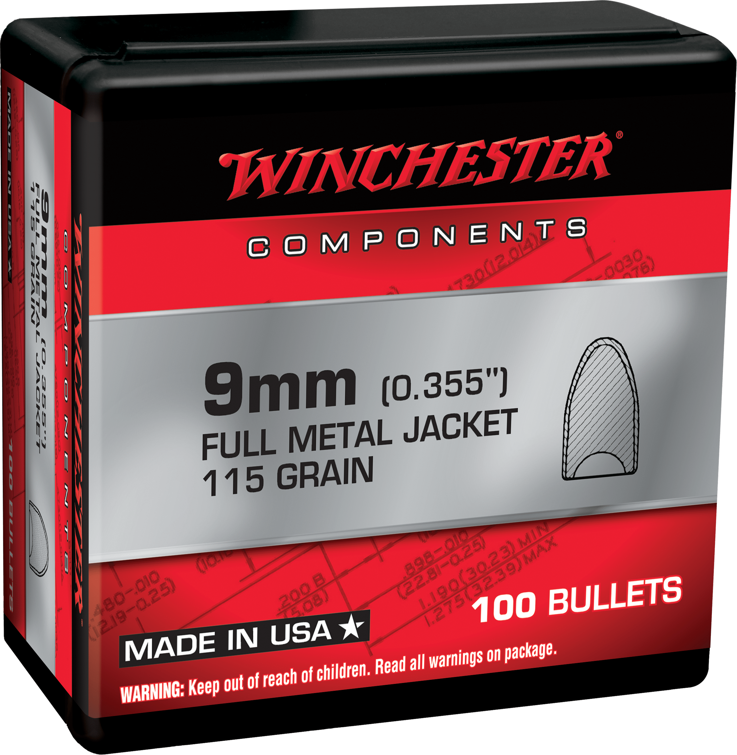 Winchester 9mm .355 115gr FMJ Hollow Base Bullets - 100 Count