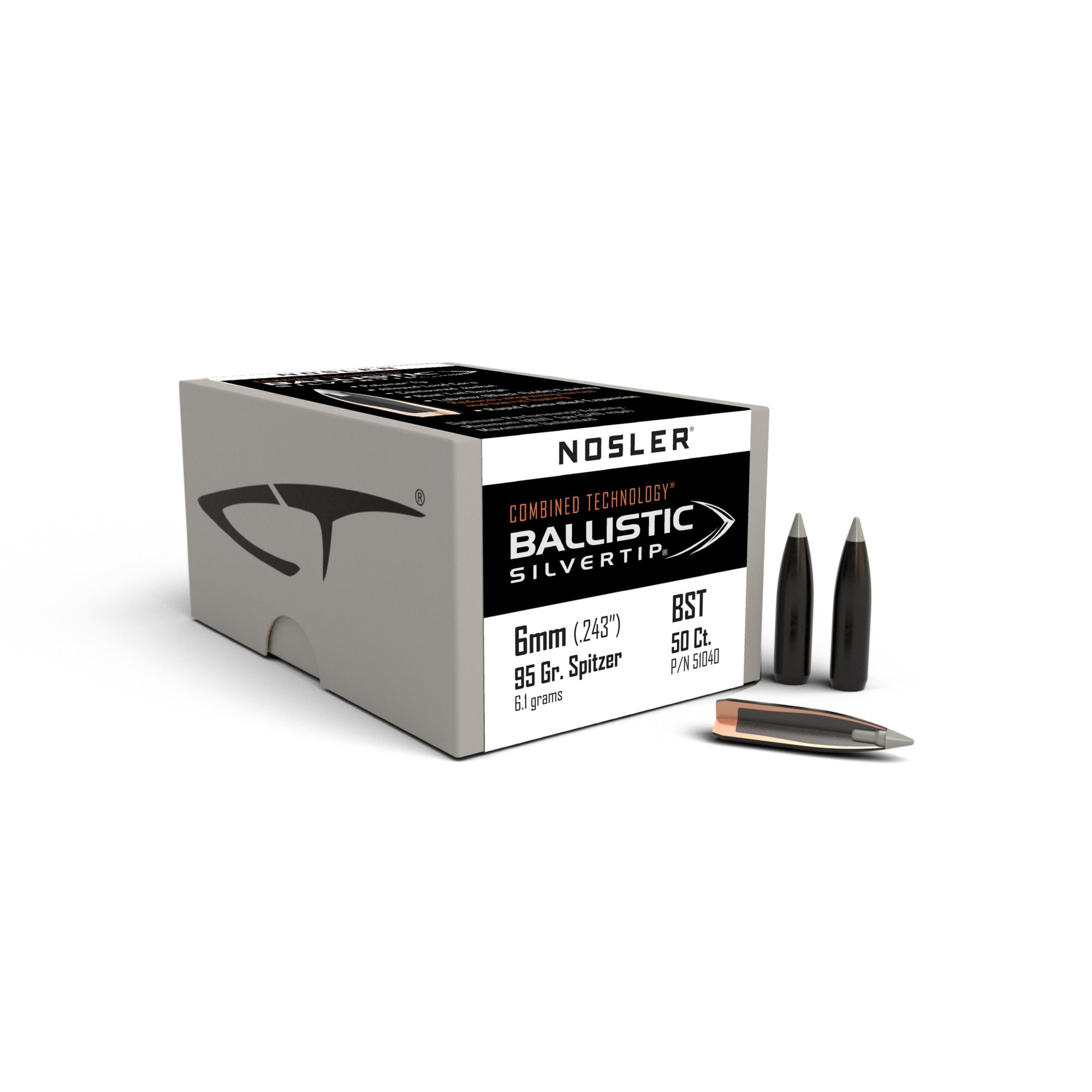 Nosler 51040 Ballistic Silvertip 6mm .243 95 GR Spitzer Point 50 Box