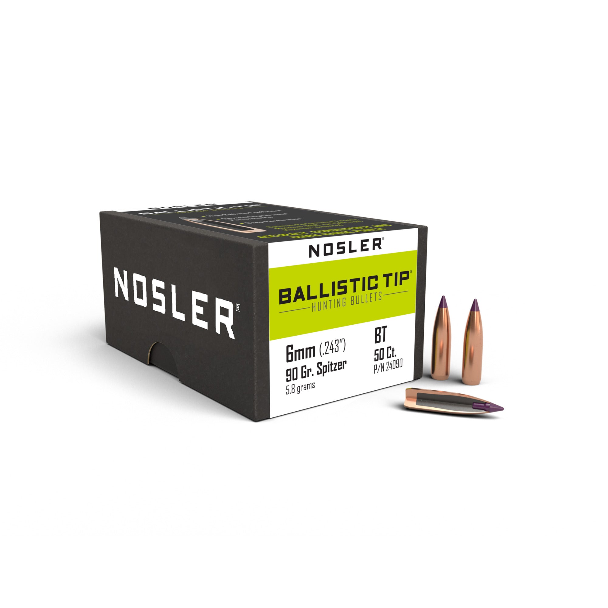 Nosler 24090 Rifle Bullets 6mm 90Gr Ballistic Tip Spitzer .243 Purple