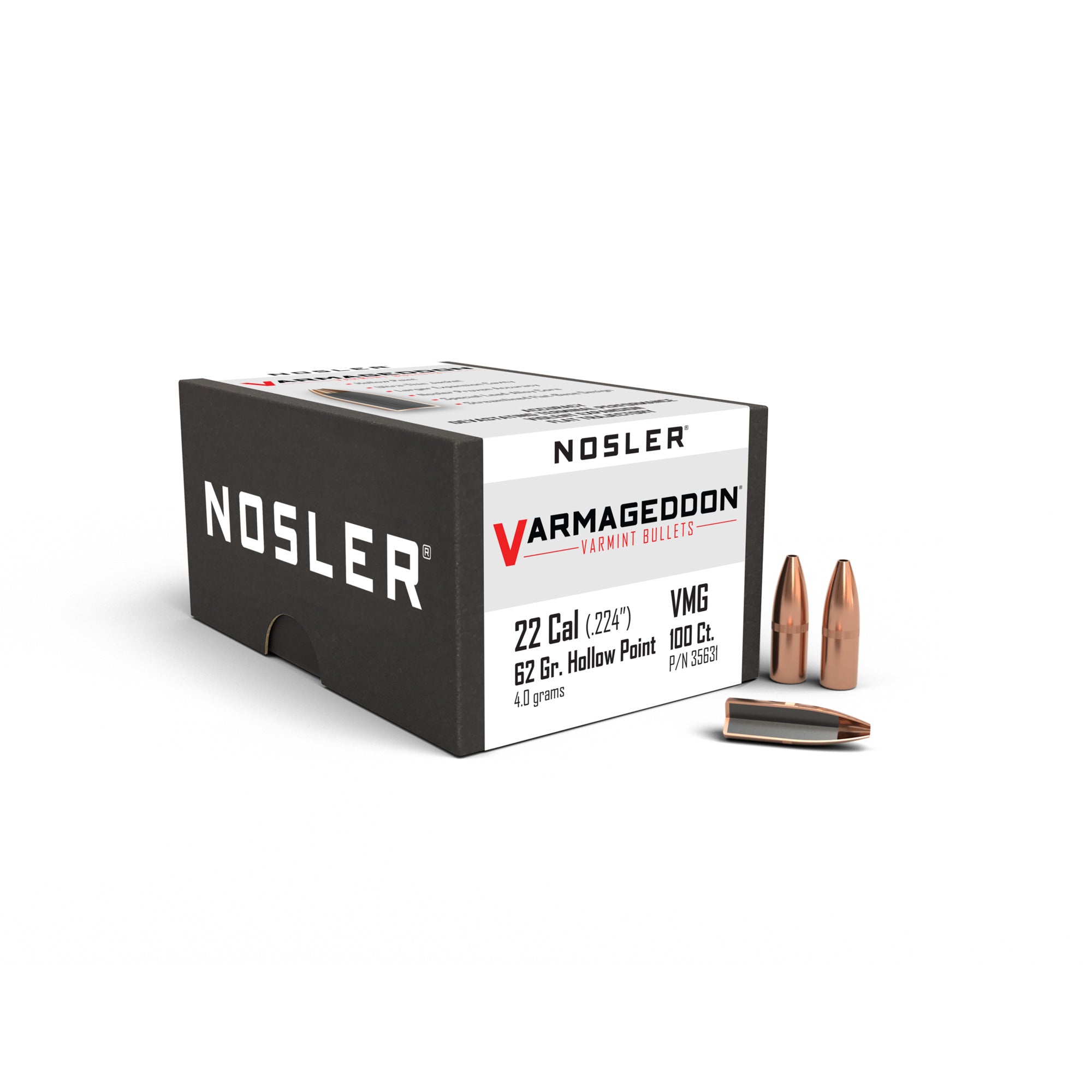 Nosler 35631 Varmageddon 22 Caliber .224 62 GR Flat Base Hollow Point FBHP 10