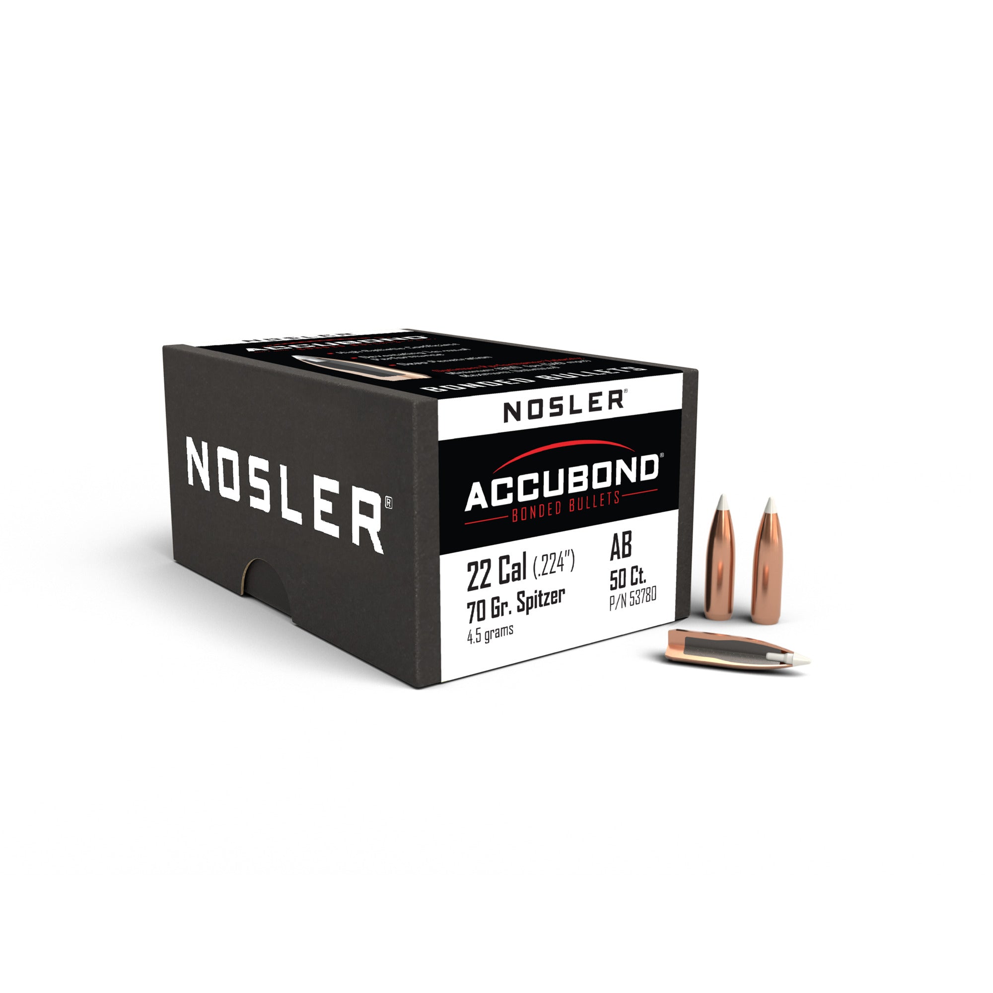 Nosler 53780 AccuBond 22 Caliber .224 70 GR Spitzer 50 Box