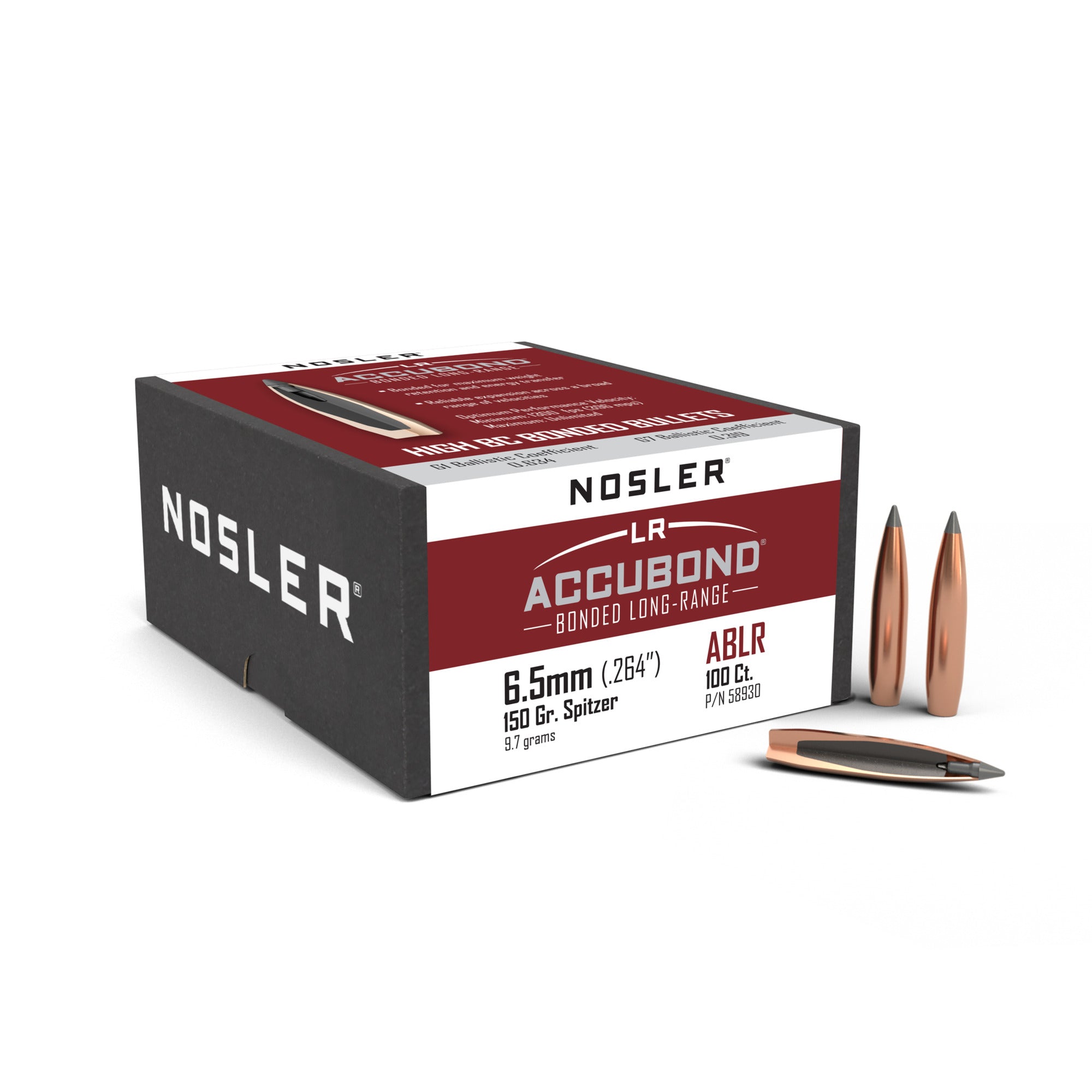 Nosler 58930 Accubond Long Range Rifle Bullets, 6.5mm, 150gr SP 100CT