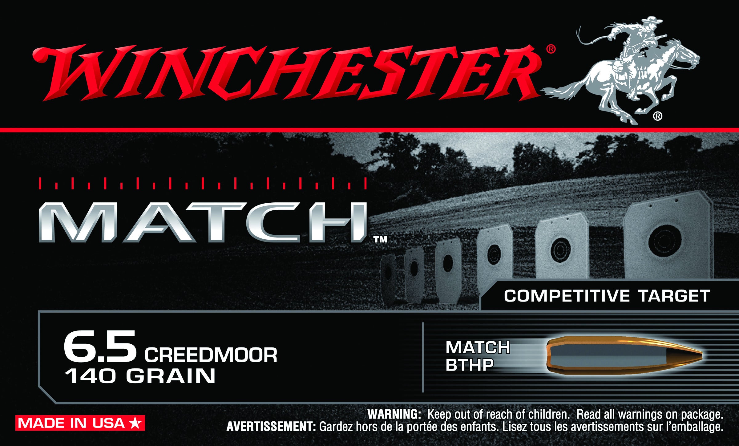 Winchester S65CM MATCH 6.5 Creedmoor 140 Grain, Boat Tail, Hollow Point, Centerfire Rifle Ammo, 20 Rounds
