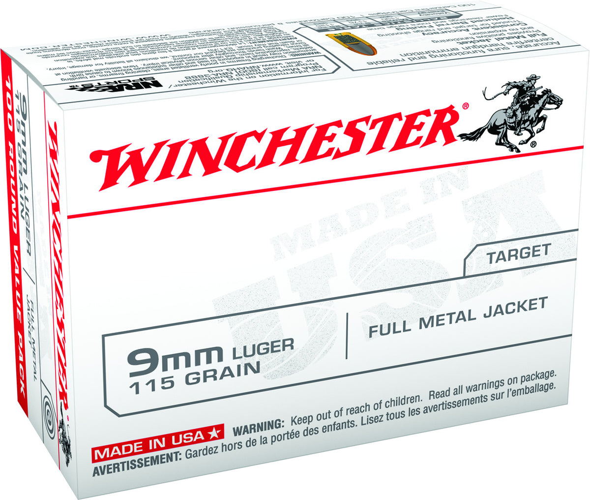 Winchester USA 9mm Luger 115 Grain Full Metal Jacket