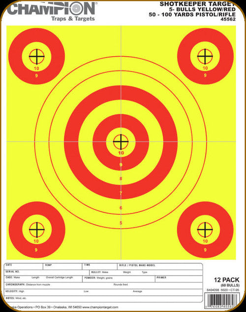 Champion ShotKeeper 5-Bull Target – Yellow/Red, 12 Pack