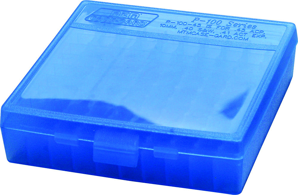 MTM 100 Round Flip-Top Ammo Box 40/45/10MM Cal (Clear Blue)