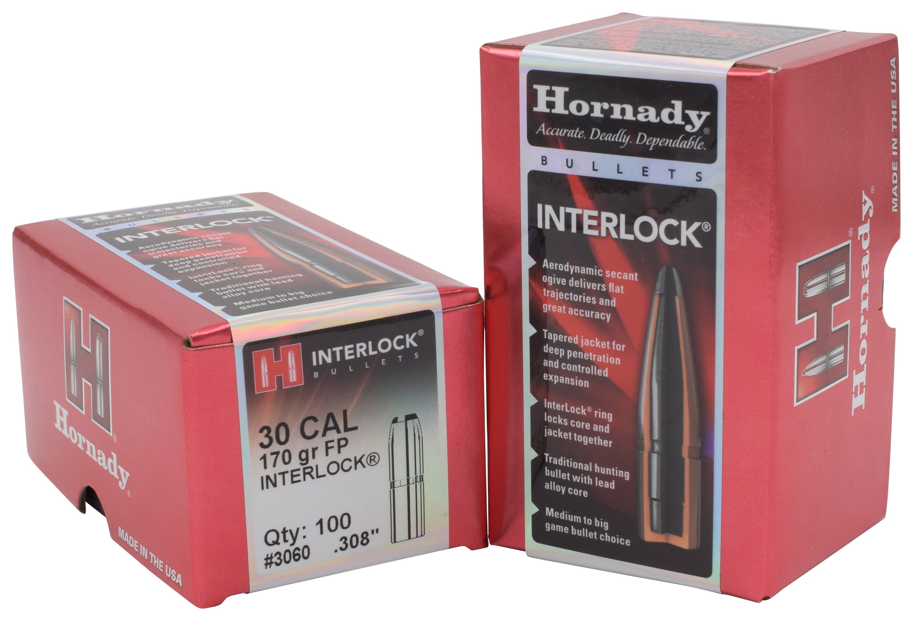 Hornady 3060 Interlock Rifle Bullets 30 .308 170Gr FP 100 ct