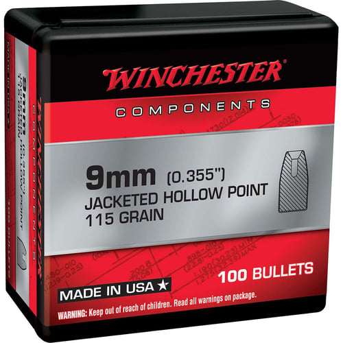 Winchester 9mm (.355) 115gr Jacketed Hollow Point Bullets - 100 Count
