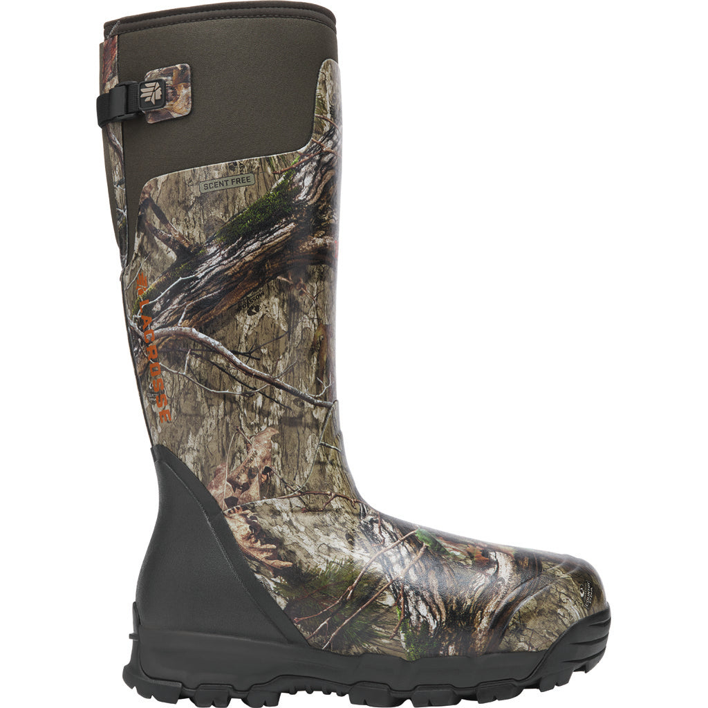 Side view of LaCrosse Alphaburly Pro 18-inch 1600G hunting boot in Mossy Oak Country DNA