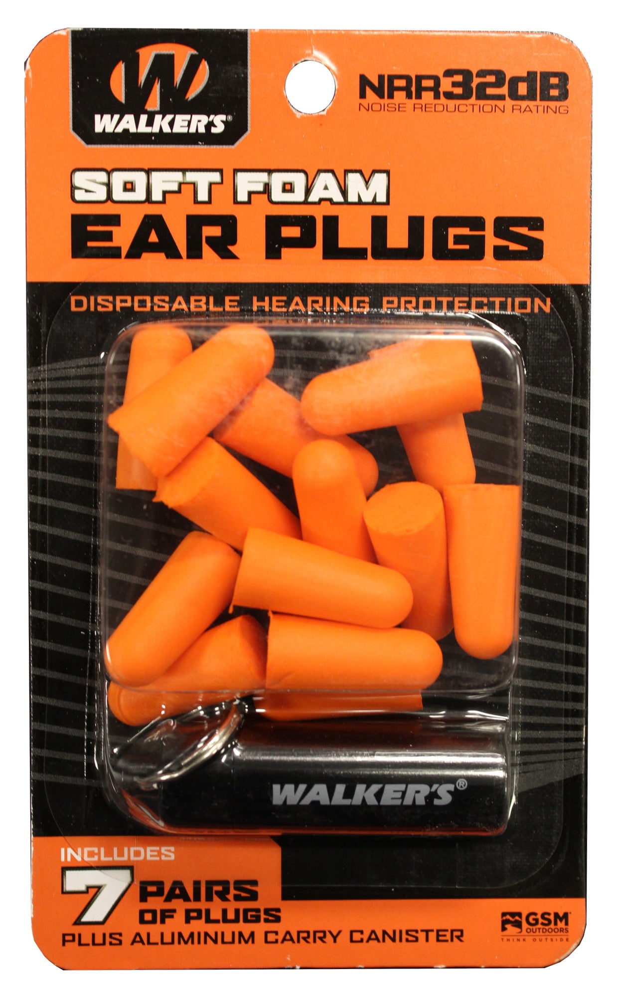 Walkers 7 Pairs Neon Orange Foam Plug W/ Black Aluminum Carry Canister