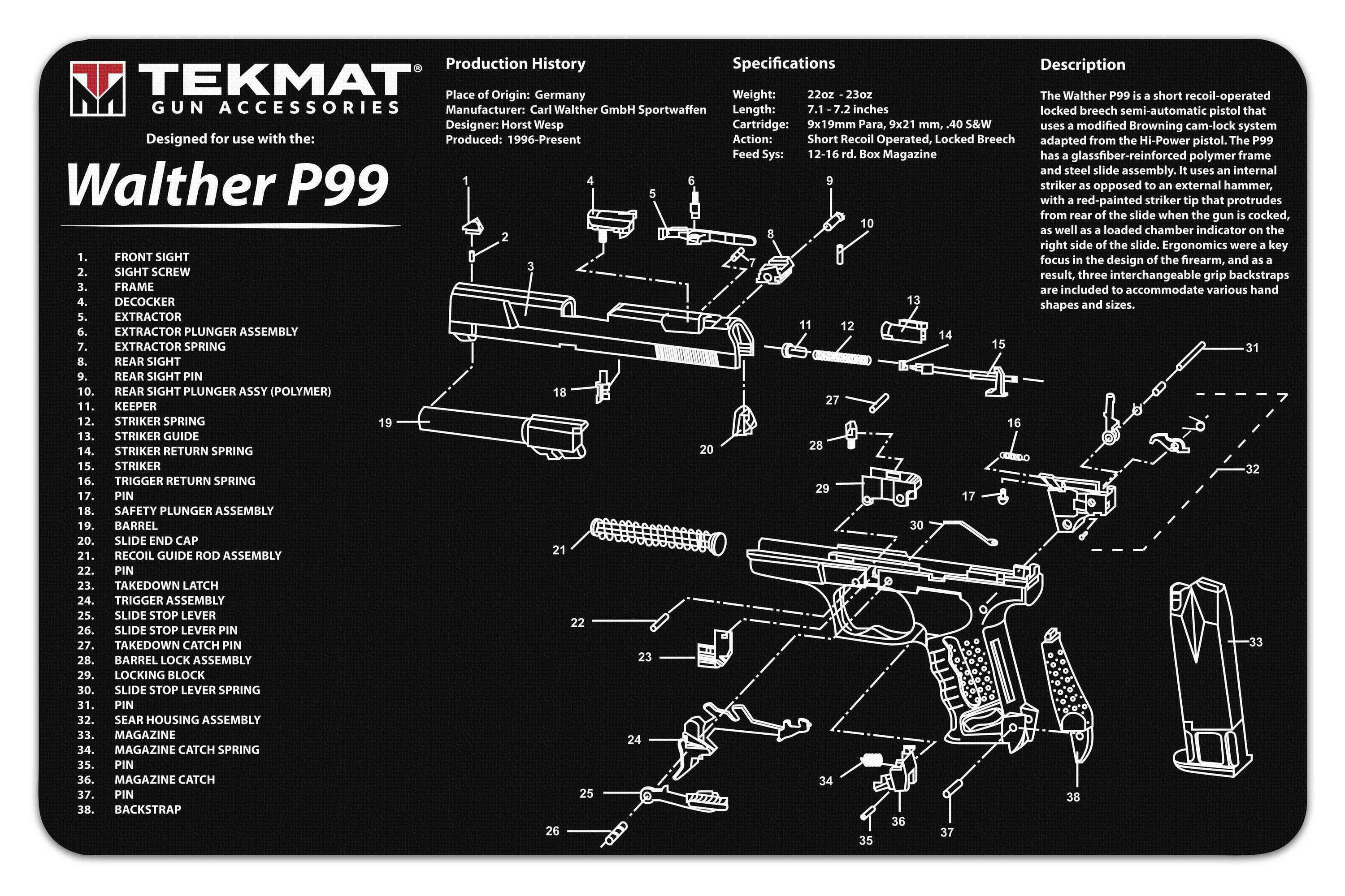 TekMat Gun Cleaning Mat, 11"x17", Walther P99