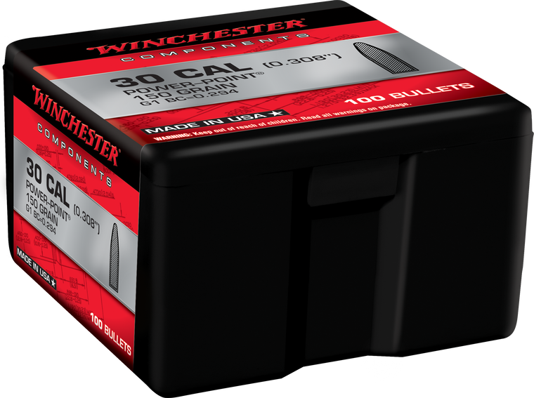 Winchester 30 Cal .308 Power-Point Flat Nose 150gr Bullets - 100 Count