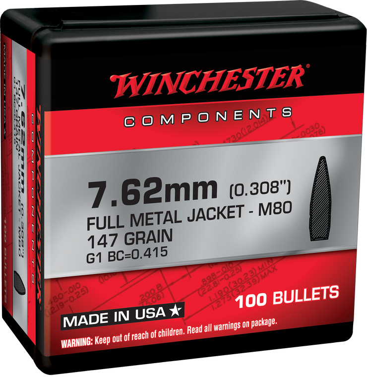 Winchester .308 147gr Full Metal Jacket Bullets - 100 Count