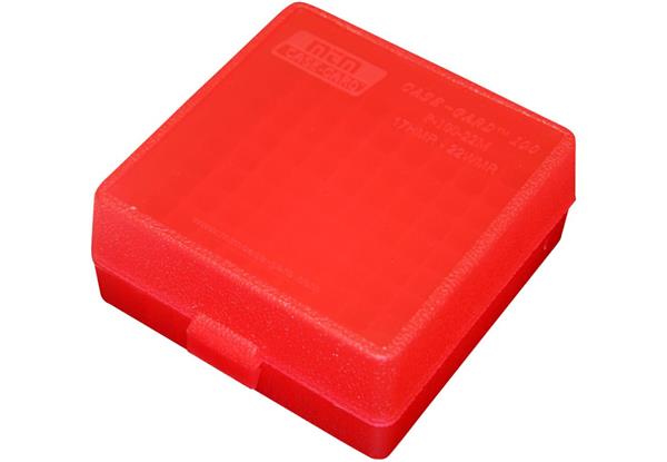 AMMO BOX 100 ROUND FLIP-TOP FOR 22 MAG TO 17 HMR CLEAR RED