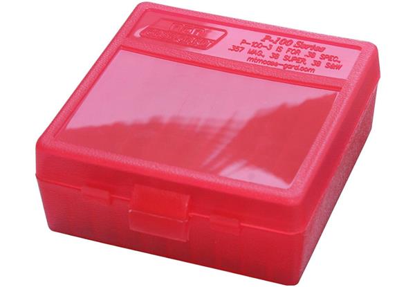 AMMO BOX 100 ROUND FLIP-TOP 38 TO 357 CLEAR RED