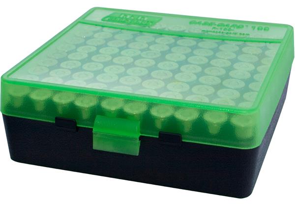 AMMO BOX 100 ROUND FLIP-TOP 41 44 45 LC, CLEAR GREEN/BLACK
