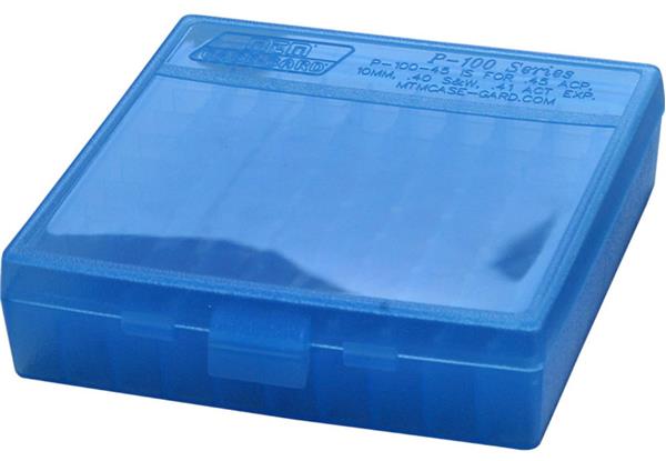 AMMO BOX 100 ROUND FLIP-TOP 40, 10MM, 45 ACP CLEAR BLUE