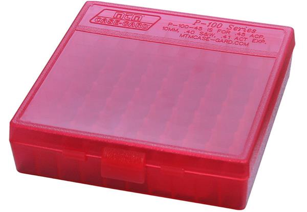 AMMO BOX 100 ROUND FLIP-TOP 40, 10MM, 45 ACP CLEAR RED