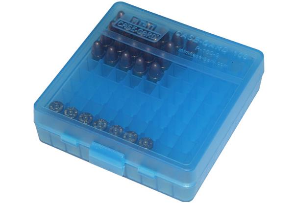 AMMO BOX 100 ROUND FLIP-TOP 9MM, 380 ACP CLEAR BLUE