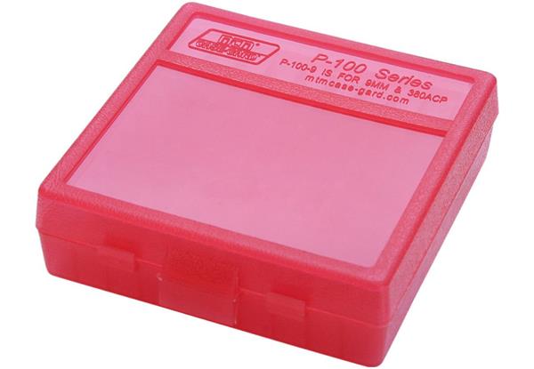 AMMO BOX 100 ROUND FLIP-TOP 9MM, 380 ACP CLEAR RED