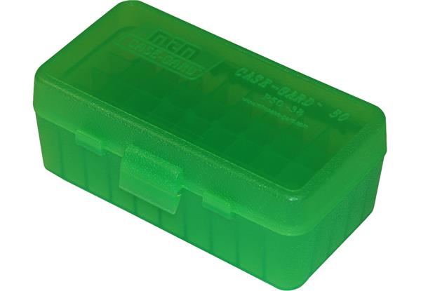 AMMO BOX 50 ROUND FLIP-TOP 38 TO 357 CLEAR GREEN