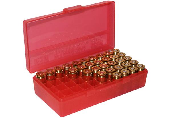 AMMO BOX 50 ROUND FLIP-TOP 40, 10MM, 45 ACP CLEAR RED