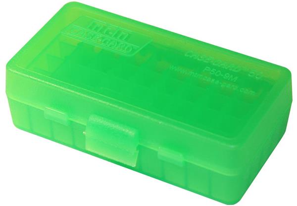 AMMO BOX 50 ROUND FLIP-TOP 9MM, 380 ACP CLEAR GREEN