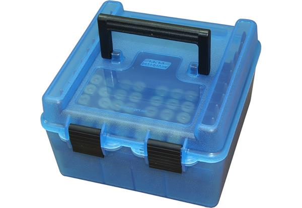 DELUXE AMMO BOX 100 Round HANDLE 22-250 TO 458 WIN, CLEAR BLUE