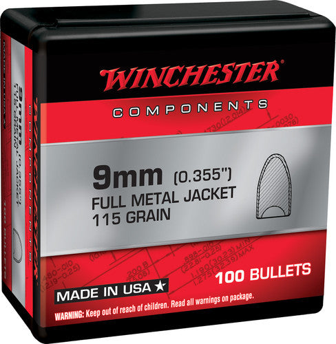 Winchester 9mm Luger 115gr Full Metal Jacket Component Bullets - 100 Count