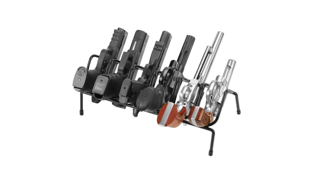 Lockdown barrel-up handgun rack