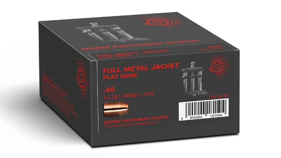 GECO .40 caliber 180gr FMJ Flat Nose Bullets 200 Count packaging