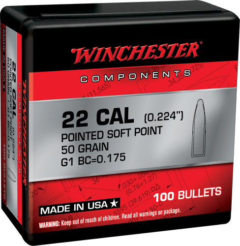 Winchester 22 Cal (.224) 50gr Pointed Soft Point Bullets - 100 Count