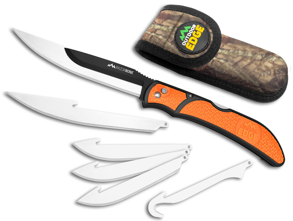 Outdoor Edge RazorBone Orange Folding Replacement Blade Knife with 6 Blades and Camo Sheath Box Packaging