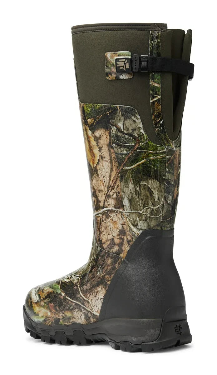Rear side view of LaCrosse Alphaburly Pro 18-inch 1000G hunting boot in Mossy Oak Country DNA