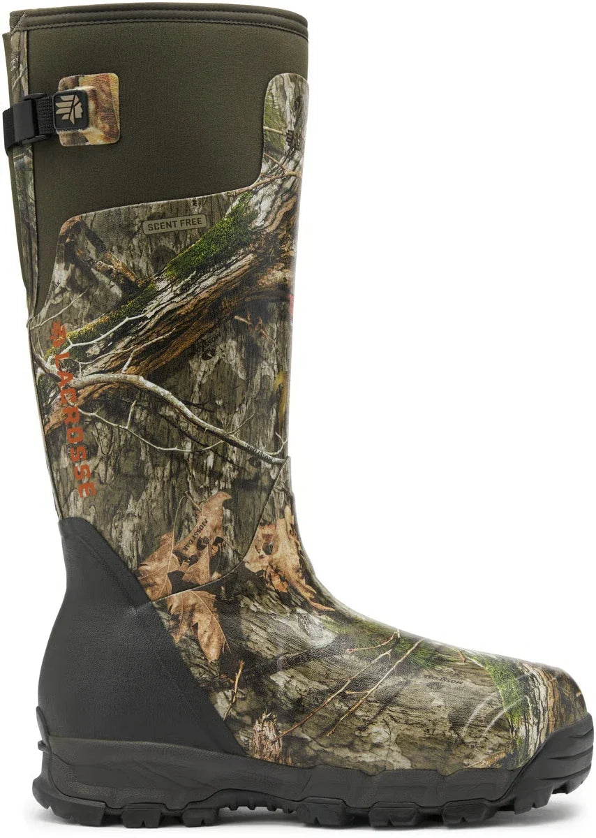Side view of LaCrosse Alphaburly Pro 18-inch 1000G hunting boot in Mossy Oak Country DNA