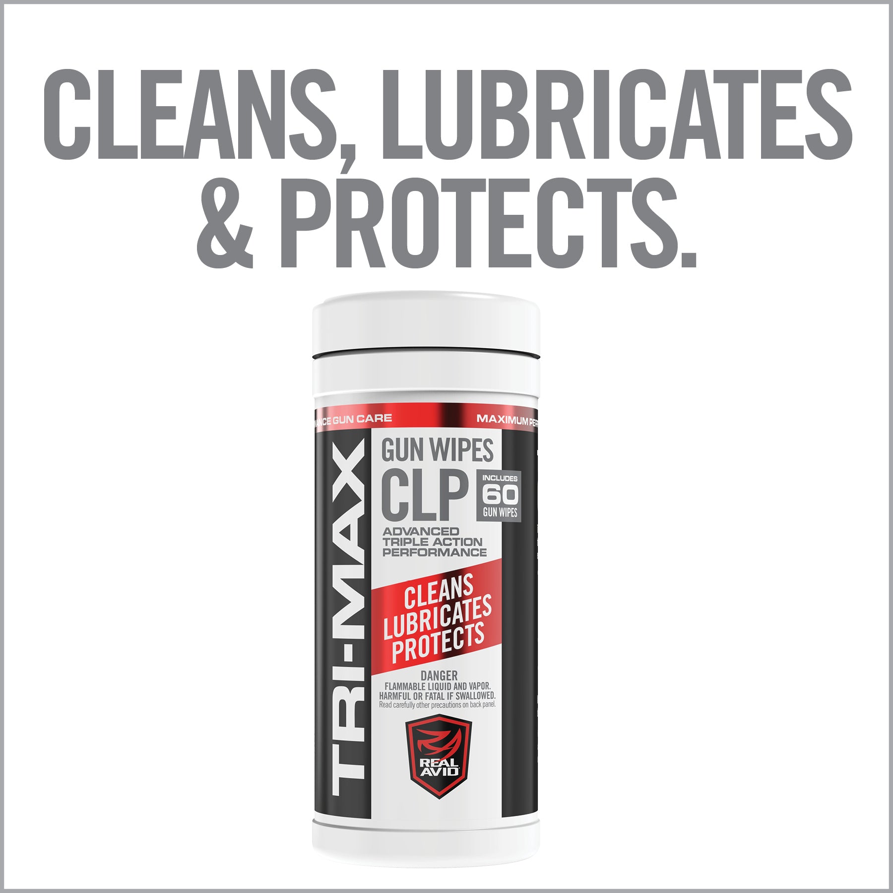 Real Avid AVCLPW-C60 TRI-MAX CLP Gun Wipes – 60 Count Canister, 3-in-1 Cleaner, Lubricant & Protectant