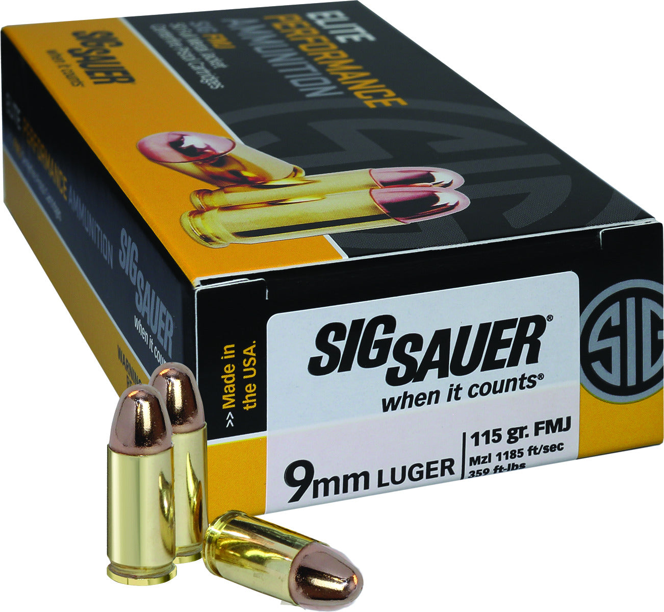 SIG SAUER Elite Performance, 9mm, FMJ, 115 Grain, 50 Rounds